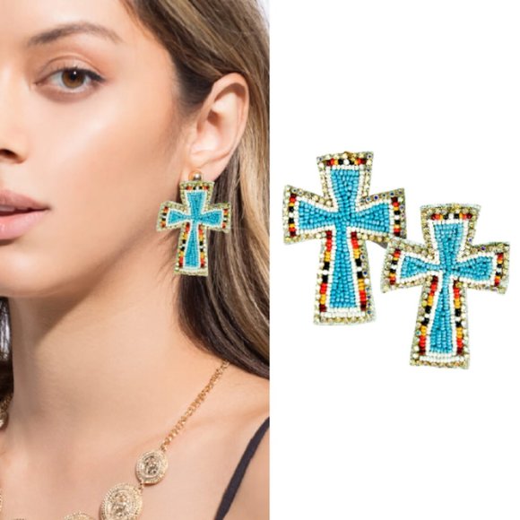 Turquoise Rhinestone Seed Beaded Cross Easter Religious Western Gift Earrings - Picture 1 of 3